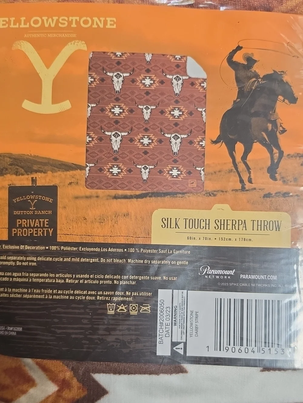 Yellowstone Silk Touch Sherpa Throw - Rust Darby Stripe Cow Skull Brand 60x70